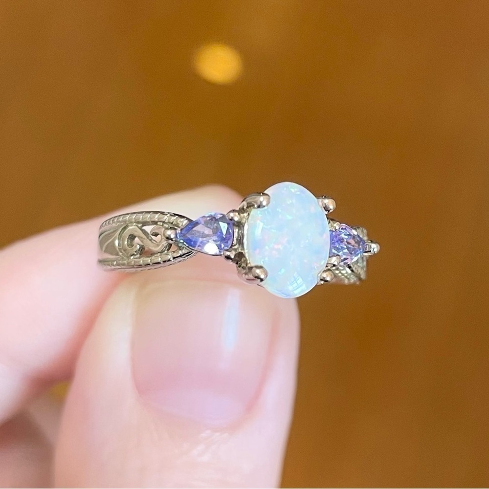 14K Opal Tanzanite filigree white lab oval teardrop purple white gold ri…​ - Picture 5 of 11